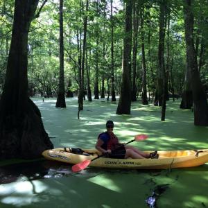 woman in kayak in New Orleans swamp