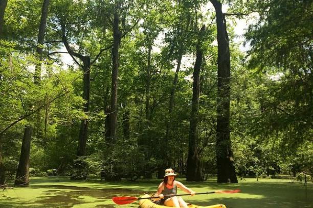 a girl kayaks on the honey island swamp tour