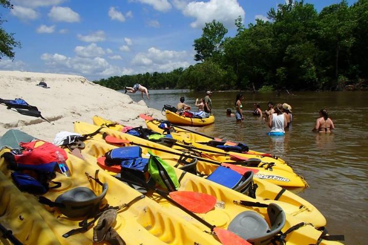 a group of kids swimming at the half way point on the honey island swamp tour with kayaks pulled up on the beach