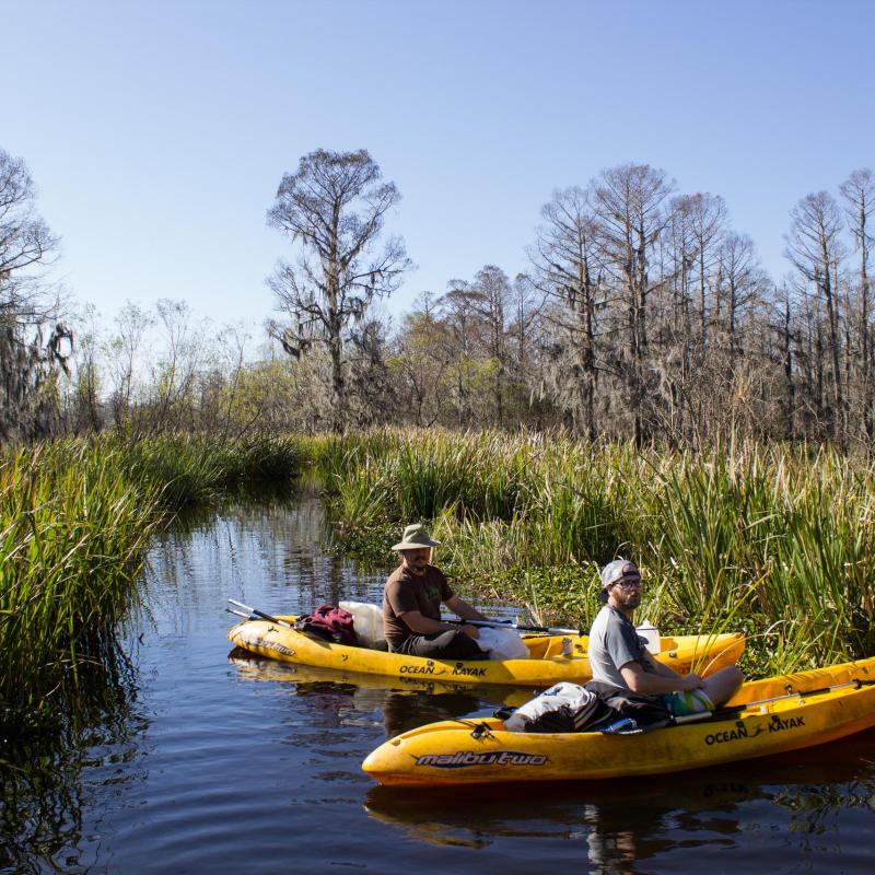 2 guys in kayaks on a Manchac Swamp Kayak Tour