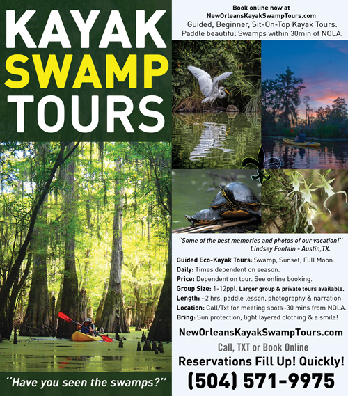A brochure stating the times, price and other information and photos describing a kayak swamp tour