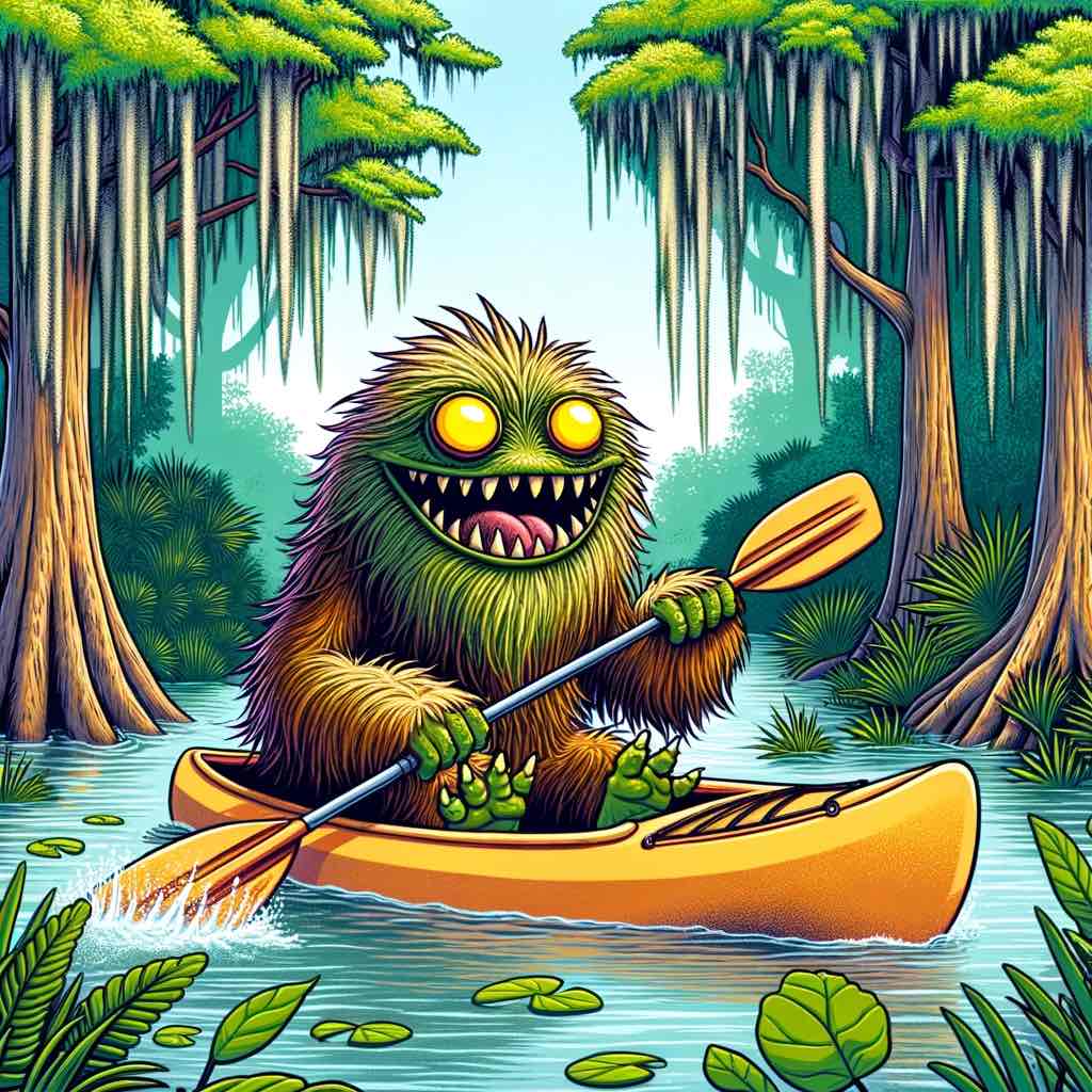 honey island swamp monster kayaking a row of colorful umbrellas sitting next to a book